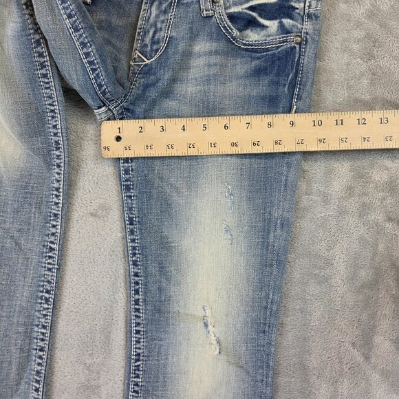 Rerock for Express Jeans Womens 2 Blue Bootcut Stretch Distressed Embroidered - Picture 6 of 12